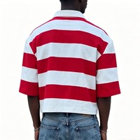 Polo Corto a Rayas Rojas y Blancas para Hombre, Estilo Oversize con Manga 3/4, Bolsillo de Parche, Top Corto de Rugby para Streetwear