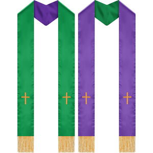 Châle de Pasteur Réversible Vert et Violet Brodé Croix Pompons Mariage Église Unisexe Polyester 5,12 Pouces - Product Image 1