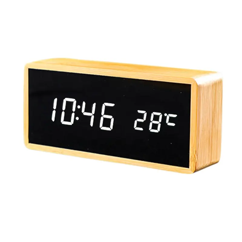 Bamboo Slim Light LED Alarm Clocks Acrylic Mirror Display Decoration, Wooden Digital Clock Alarm Voice Control Timer