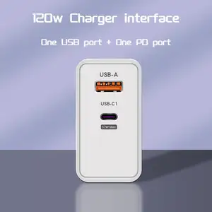 شاحن جداري للهاتف يعمل عند السفر بسرعة بمخرج مزدوج 120 وات PD QC3.0 USB Type C مع مقبس إصدار أوربي وأمريكي وبريطاني لهاتف iPhone