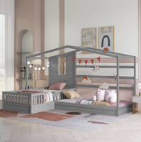 Lit double en bois en forme de L avec garde-corps de toit, design Montessori (gris), pas besoin de matelas à ressorts
