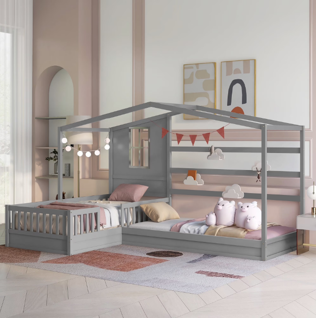 Double Bed L-Shaped Wooden Frame with Roof Railing Montessori Design (Gray) No Spring Mattress Needed