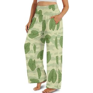 بنطال بلازو نسائي عالي الخصر بساق واسعة من هاواي بطبعة ورق مموهة بنطال بالازو للنساء بنطال مزهر - Product Image 1