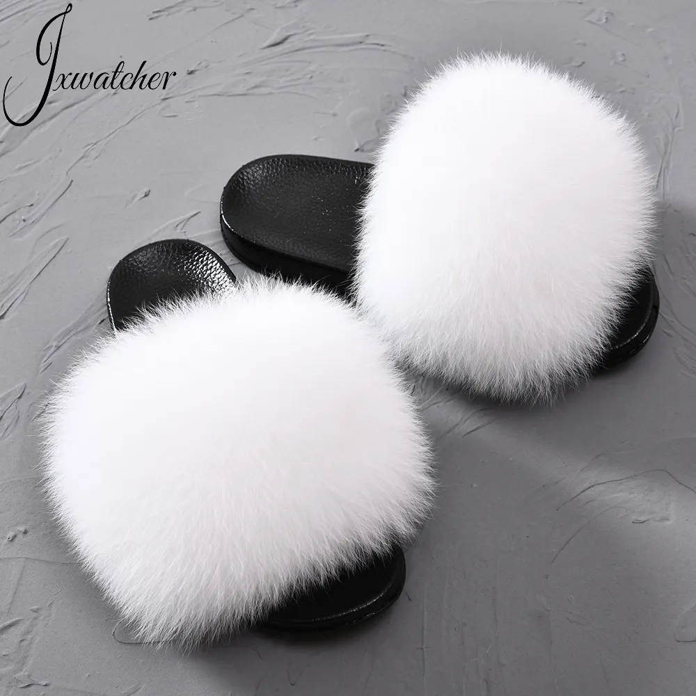 Outdoor Platte Schoenen Pluizige Fuzzy Natuurlijke Bont Glijbanen Vrouwelijke Lente Zomer Luxe Echte Vossenbont Vrouwen Mode Bont Slippers