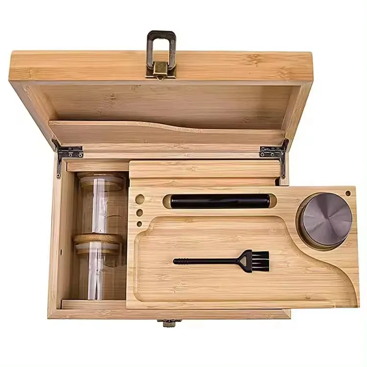 Wooden Storage Organizer Box with Lock Proof Bamboo Stash Box with Rolling Tray Smoking Accessories Kit Organizer Container