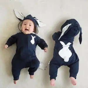 新婴儿男婴女孩 3D 耳朵棉连体衣连身衣婴儿可爱兔子耳朵连帽连裤服装服装拉链服装