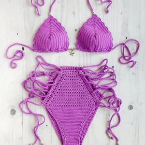 Maillot de bain deux pièces personnalisé en crochet tricoté à la main avec pompons, style coquillage, mini bikini à nouer, pour femme, idéal pour le fitness et la plage - Product Image 1