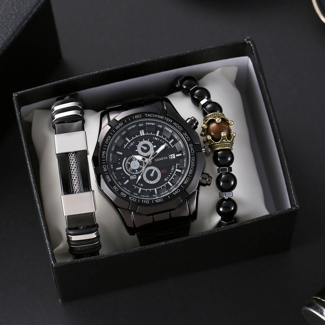 LP56 3pcs/set Wholesale Men Bracelet Quartz Wrist Watch Jewelry Set Fashion Business Steel Strap Bracelet Quartz Watches for Men