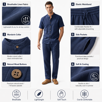 Setelan Pria Unisex Gaya Retro Cina 100% Linen Bernapas, Celana Pendek Berkerah Tegak Kancing Kayu dengan Tali Serut Elastis