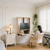 Bureau assis-debout mural réglable de style français avec rangement, pliable, durable, écologique, pour chambre à coucher, petit espace, OEM
