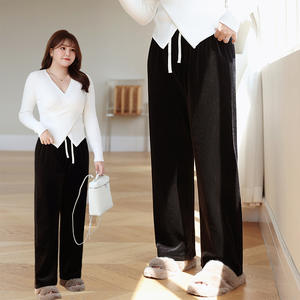 กางเกงขากว้างมีเชือกรูดของผู้หญิง runqi กางเกงตรงหนาหนาไซส์ใหญ่พิเศษสีดำสำหรับฤดูใบไม้ร่วงฤดูหนาว N8491 - Product Image 1