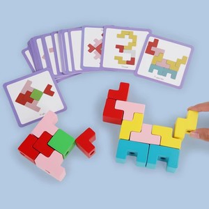 Puzzle en bois 3D à colonnes, blocs géométriques colorés avec cartes à motifs, jouet éducatif pour enfants - Product Image 5