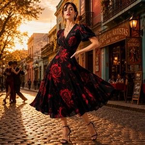 Robe Midi Femme en Viscose Naturelle Automne Coupe Évasée à Manches Bouffantes Imprimé Floral Rose Tango Élégance Romantique Argentin Vente en Gros - Product Image 4