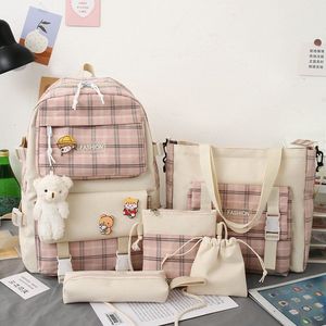 Japanese Cute Plaid Primary School Student Canvas Schoolbag Female Korean Style Trendy <b>Backpack</b> Five-Piece Set <b>Backpack</b> - Product Image 3