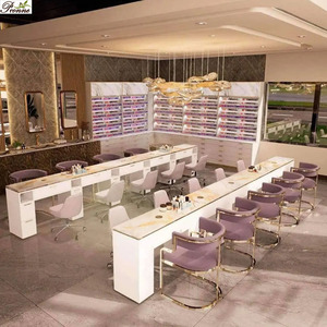 Equipo de Salón de Uñas 2026, Mesa de Manicura Doble Moderna de Madera Acanalada Vintage con Detalles Dorados - Product Image 3