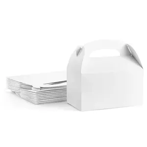 Eco Friendly White Treat Gable Cardboard Paper Boxes With Handle For Birthday Party, Wedding