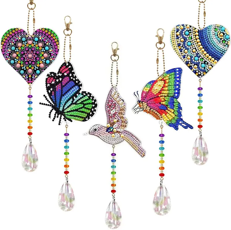 Sıcak satış DIY çift taraflı kelebek elmas boyama catcher rüzgar çan kristal kolye dekorasyon