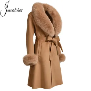 Модное женское Шерстяное Пальто с манжетами из натурального Лисьего меха, женское розовое кашемировое меховое пальто на заказ на зиму и весну