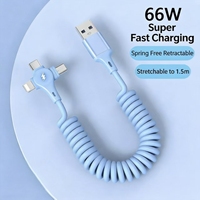 Cable de Carga Rápida USB Retráctil 3 en 1 con Resorte Enrollado, Cable Elástico de PVC para Cargador de Teléfono para Automóvil, Compatible con iPhone, Tipo-C y Micro USB