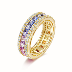 Anillo de Eternidad de Lujo para Mujer, Chapado en Oro de 18K, con Diamantes de Corte Princesa y Piedras Preciosas de Colores, Engaste en Canal, Estilo Geométrico - Product Image 1