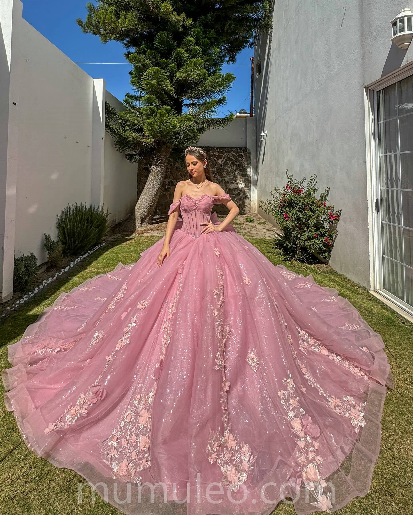 coral pink quince dress Mumuleo Coral Quinceanera Dress with Lace Appliques