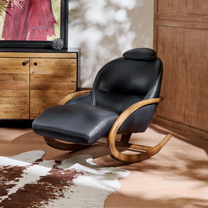 Fauteuil à bascule moderne en bois massif et cuir véritable, design inclinable, pour salon, chambre à coucher, chaise de détente - Product Image 2