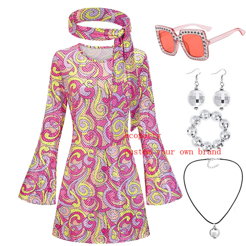 Hippie Kostüm Für Damen – 60er/70er Jahre Retro-Kleid Mit Accessoires, Braun, Für Karneval & Halloween