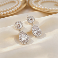 Boucles d'oreilles pendantes double halo en saphir bleu pour mariée, plaqué argent, pavé de CZ étincelant, hypoallergéniques, bijoux de mariage OEM/ODM 2026