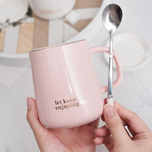 Ensemble de tasses en céramique avec couvercle et cuillère, design simple pour couple, couleur unie, pour le petit-déjeuner, idéal comme cadeau - Product Image 2