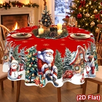 Nappe de Noël Vintage 2026, Housse de Table Rouge Ronde 150cm en Polyester, Décoration Bonhomme de Neige Noël Natal Navidad