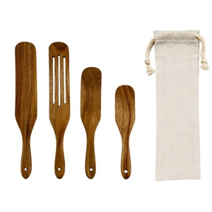 木勺4套，不粘器皿工具耐用天然木材开槽搅拌刮刀厨房炊具烹饪 - Product Image 3