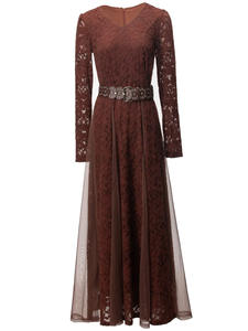 Robe tendance Bettergirl automne-hiver 2025, rouge jujube, sexy, col en V, manches longues, patchwork, grande jupe évasée, ceinture à la taille creuse - Product Image 2