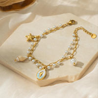 Bracelet double couche en perles océaniques pour femme, plaqué or 18 carats, en acier inoxydable, avec breloques étoile de mer et coquillage, bijoux inaltérables