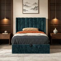 Lit rembourré moderne avec tête de lit haute capitonnée à canaux verticaux en velours, avec système de levage à gaz et rangement intégré, pour mobilier de chambre