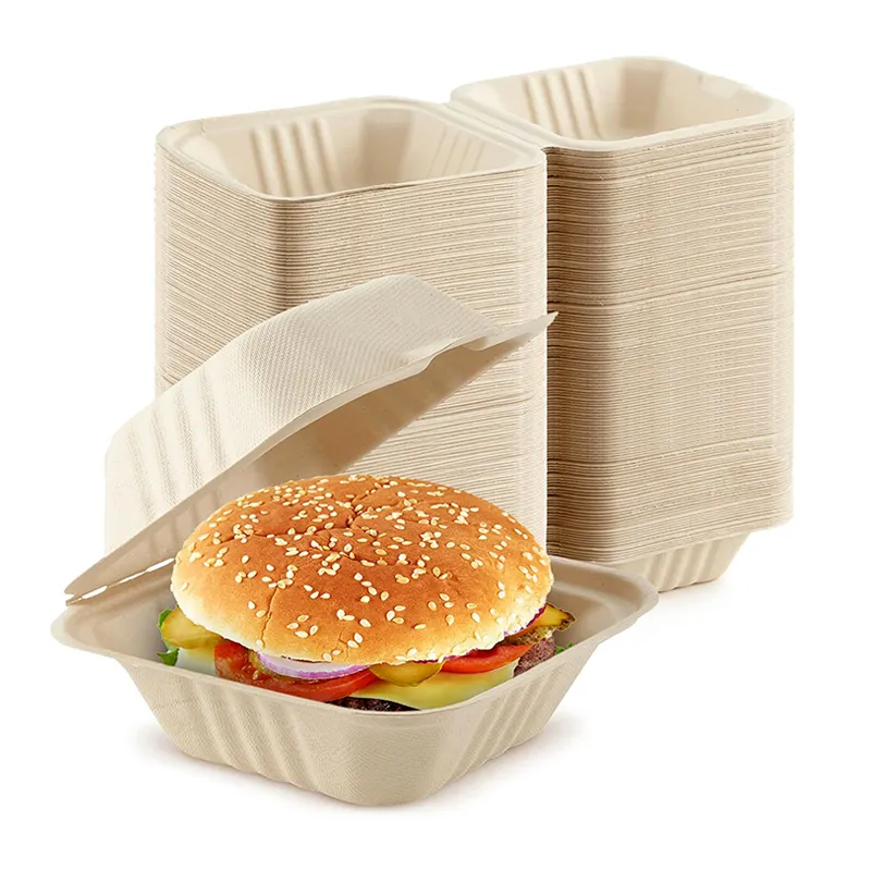 Disposable Biodegradable Custom Printed Clamshell Lunch Fast Food Hamburger Burger Box Takeaway Bagasse Pulp Molded Packaging