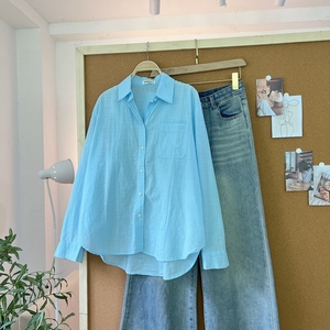 Chemise en lin ample décontractée pour femme, printemps-été, blanc, bleu, jaune, rouge, L451, avec poche brodée de lettres basiques - Product Image 1