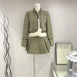 Mùa thu Mới Màu Hồng nhỏ hương thơm Tweed phù hợp với ren cổ áo Áo váy hai mảnh phù hợp với quần áo của phụ nữ