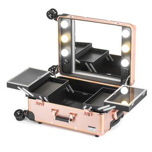 Oro Champagne in alluminio di colore <span class=keywords><strong>grande</strong></span> trolley illuminato trucco di bellezza caso cosmetico con luci specchio lampadine ruote e stand - Product Image 1
