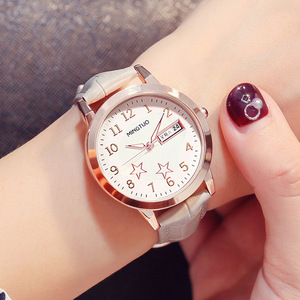 Reloj de pulsera de cuarzo elegante para mujer, color oro rosa, esfera blanca, fecha, marcador de estrellas, correa de cuero - Product Image 2