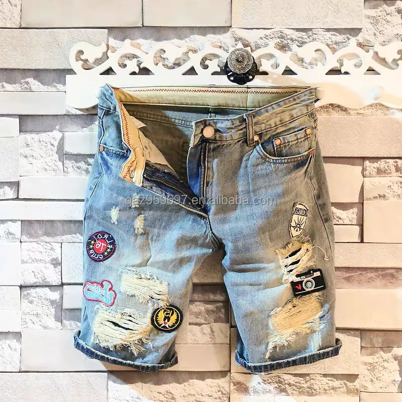 Summer denim shorts men's casual American high street loose straight mid-length trousers quarter pants