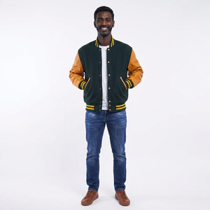 Veste universitaire verte avec rayures jaunes, manches en cuir véritable, corps en laine, boutons-pression, veste de baseball, veste universitaire personnalisée - Product Image 1
