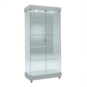Modern Display Cabinet With Tempered Glass 93x46x188 Cm <b>Light</b> Grey <b>Hinged</b> Lockable Doors Top Halogen <b>Lights</b> Hidden Castors - Product Image 2