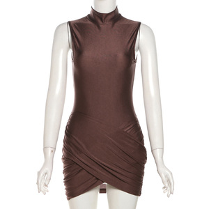 Abito Casual estivo da donna elegante Design plissettato con modello solido vita naturale tessuto ecologico e lavabile - Product Image 4