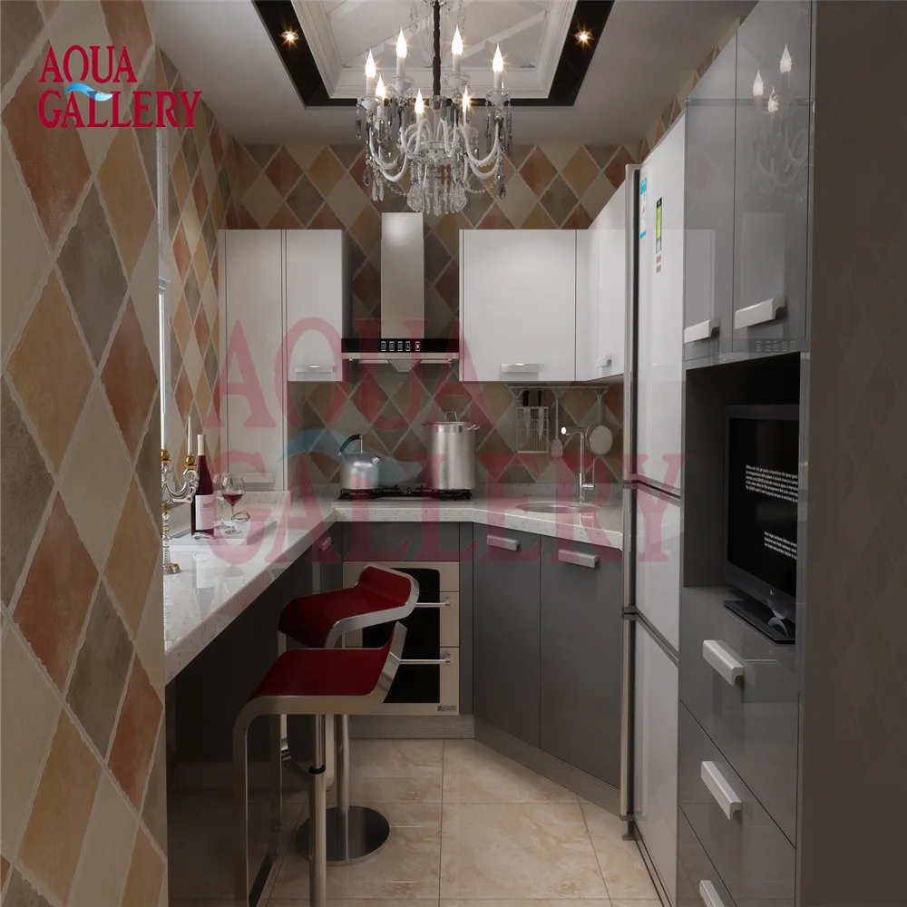 خزانة مطبخ صغيرة رمادي لامع ومتنقلة بطراز أوروبي حديث مع ألوان اختيارية لسطح منضدة من الكوارتز الأبيض