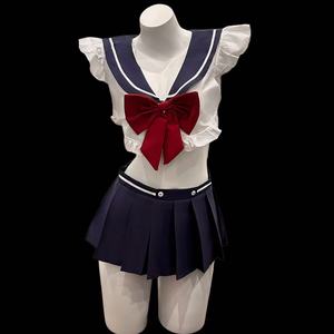 Man Yu Sailor Suit Lingerie <b>Red</b> <b>Bow</b> Exposed Waist Pleated Mini Skirt Pure and Sweet Preppy Style Set 9523 - Product Image 1
