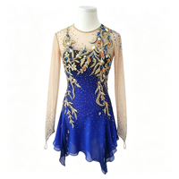 Robe de performance bleu roi à col rond en maille à manches longues pour patinage artistique, ornée de strass multicolores dorés et d'un grand dos ouvert