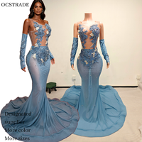 Ocstrade Pronto per la Spedizione - Contattaci Prima dell'Ordine, Abito da Sera con Glitter Azzurro, Strass e Rete Trasparente per Donna, Collezione 2026