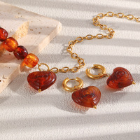 Ensemble de bijoux en acier inoxydable plaqué or 18 carats PVD, collier et boucles d'oreilles en forme de cœur en acrylique, vente en gros, pour femmes