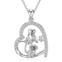 Joyería Fina, Plata de Ley 925, Lindo Collar con Colgante de Corazón de Dos Monos con Circonita