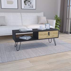 Table basse en chêne durable DB Huna avec pieds en épingle à cheveux et grand tiroir de rangement pour meubles de salon, meubles de maison - Product Image 1